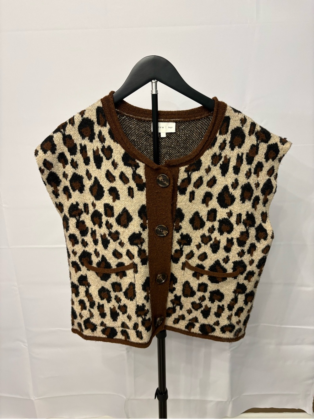 entro Leopard Print Knit Cardigan Vest - Brown & Cream